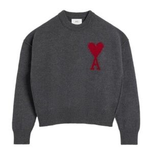 AMI Paris Ami De Coeur Gray Wool Knit Crew Neck Long Sleeve Sweater S